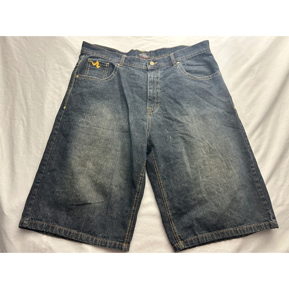 Akademiks Khan Men 40 Dark Wash Denim Shorts Baggy Y2K Streetwear Yellow Stitch